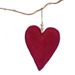 RED VELVET HEART WITH GOLD WOOD BEADS